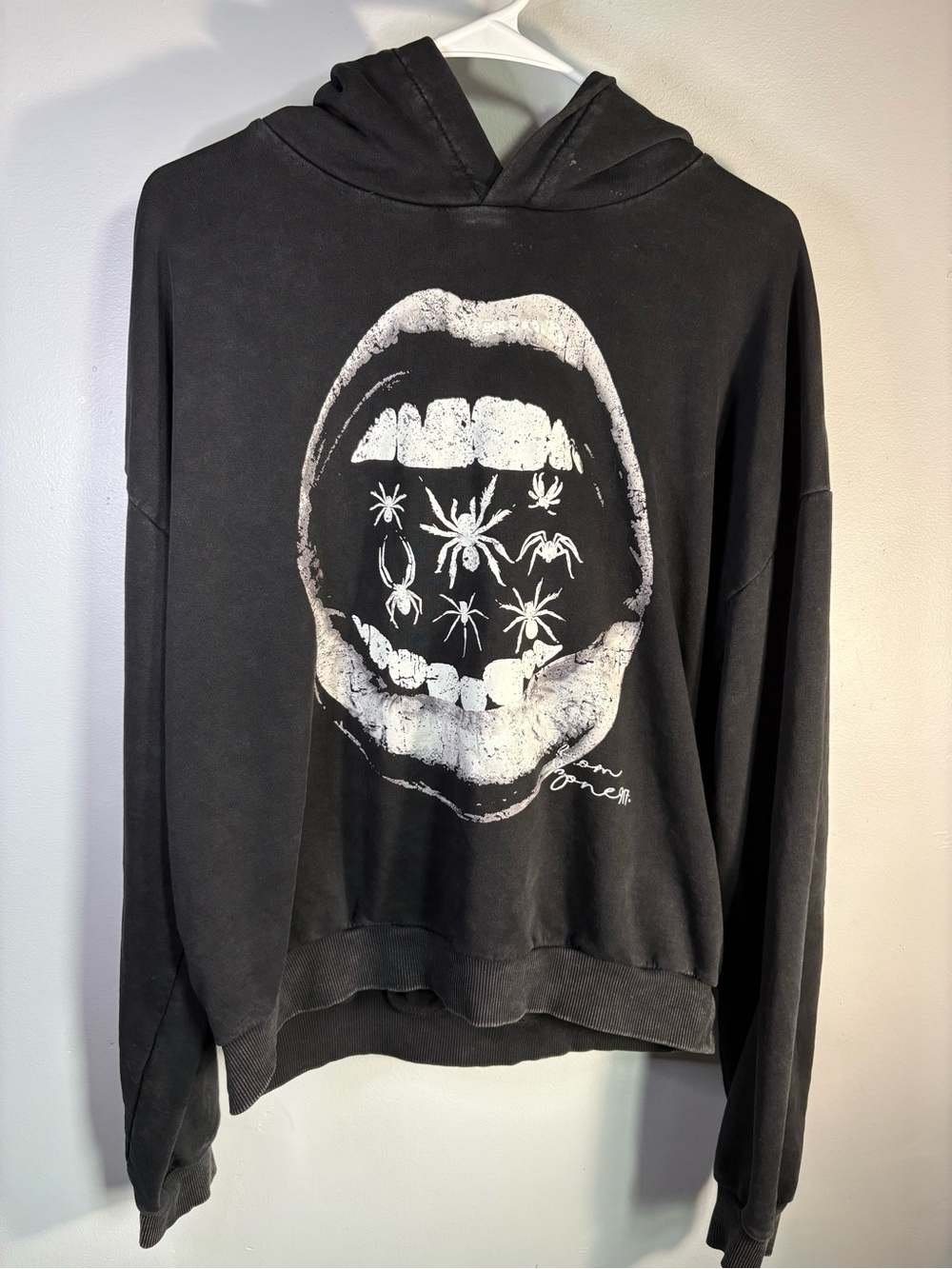 NFINITY Black Crewneck Hoodie with White Mouth & Spider Graphic